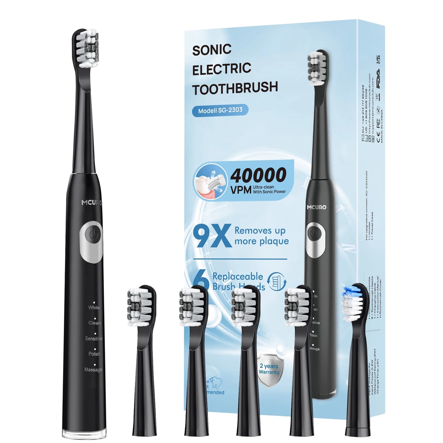 7MAGIC Electric Toothbrush, Sonic Electric Toothbrush for Adults, with 6 Brush Heads, 5 Modes, One Charge for 120 Days, Black