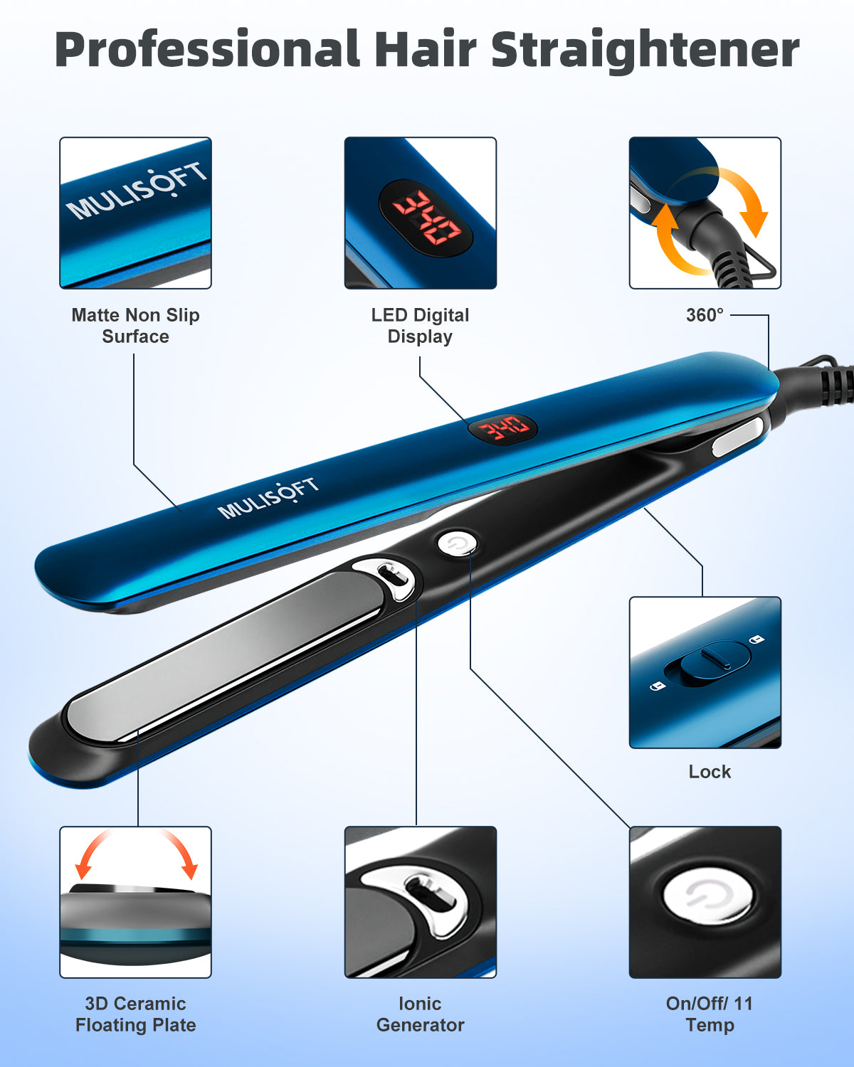 Hair Straightener Iron, Straightening Iron with LCD Display, 1" Ceramic Flat Iron, 2 in 1 Straightener and curler, Blue