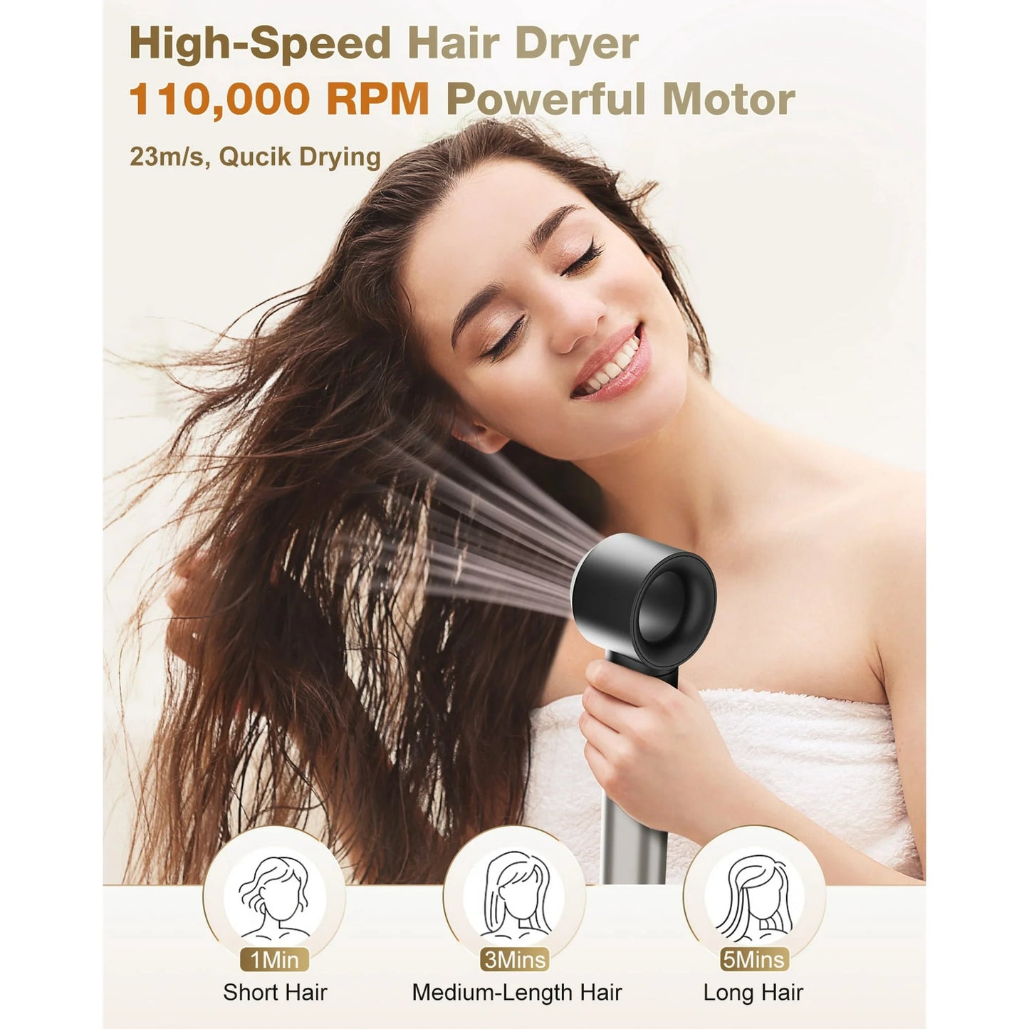 Hair Dryer Brush, Air Styler for Hair, 6 in 1 Hair Styler with Ionic Technology, 1200W 110,000 RPM Blow Dryer Brush for Straight, Wavy, Curly, and Coily Hair,Silver