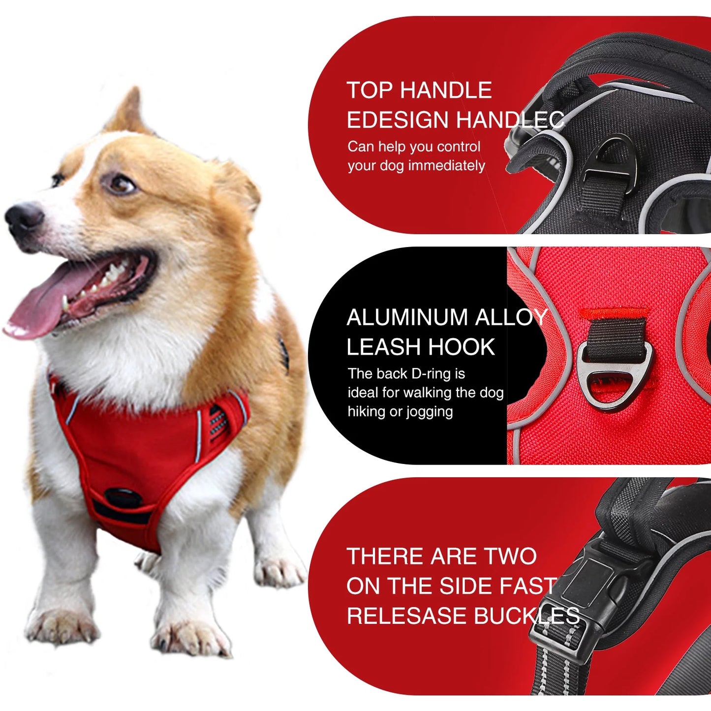 Dog Harness, No Pull Dog Harness, Pet Harness with 2 Leash Clips（RED）