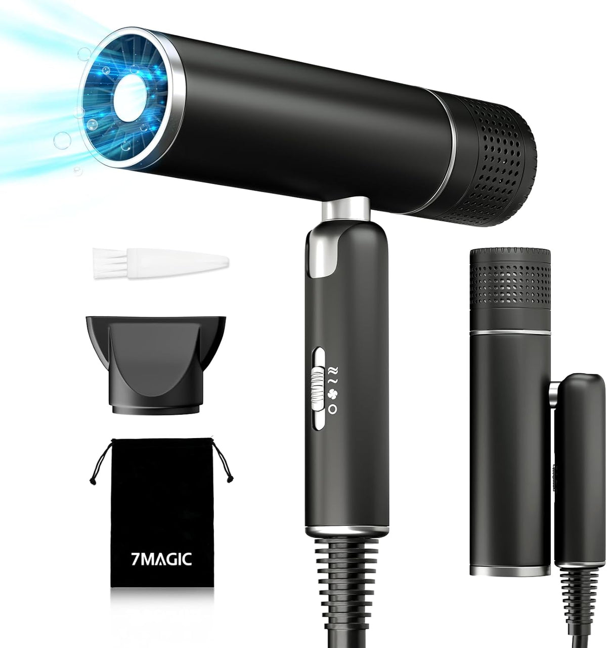 7MAGIC Foldable Hair Dryer, Powerful Ionic Blow Dryer for Fast Drying, Travel Hair Blow Dryer with Storage Bag, Lightweight Portable Hairdryer for Women, Cold/2 Heating/2 Speed Settings, Black