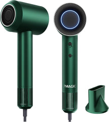 7MAGIC High-Speed Hair Dryer with 110,000RPM Brushless Motor for Fast Drying, Low Noise Blow Dryer with Tri-Colour LED Light Ring, 1400W Ionic Hair Dryer for Home and Travel, Magnetic Nozzle, Green