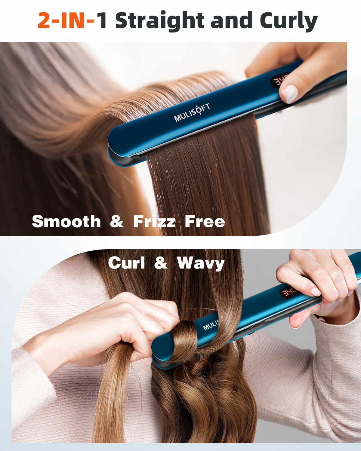 Hair Straightener Iron, Straightening Iron with LCD Display, 1" Ceramic Flat Iron, 2 in 1 Straightener and curler, Blue