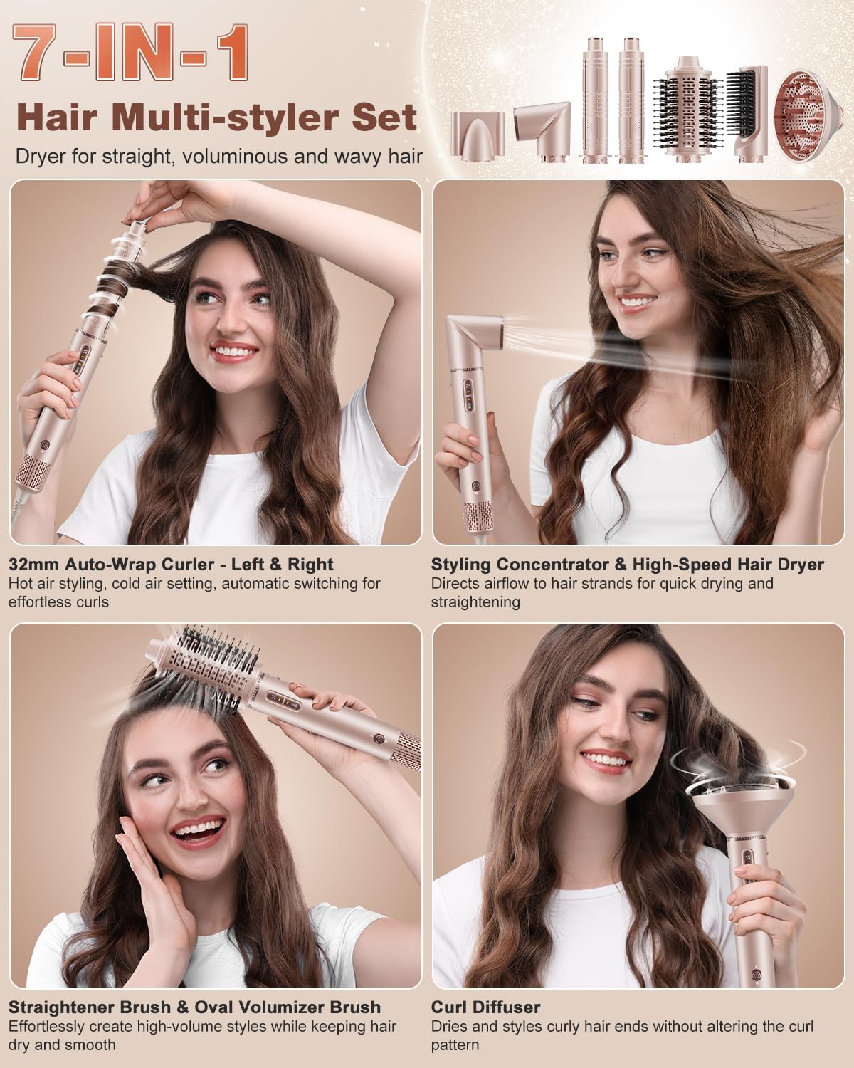 7MAGIC 7 in 1 Hair Styler & Hair Dryer Brush, 110,000 RPM High-Speed Blow Dryer with Negative Ions for Frizz-Free Styling Fast Drying Curling Volumizing Straightening, Hot Air Styler with Travel Case