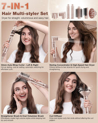 7MAGIC 7 in 1 Hair Styler & Hair Dryer Brush, 110,000 RPM High-Speed Blow Dryer with Negative Ions for Frizz-Free Styling Fast Drying Curling Volumizing Straightening, Hot Air Styler with Travel Case