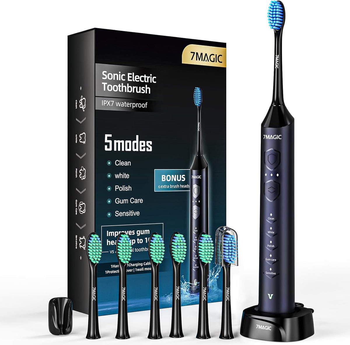 Electric Toothbrush for Adults, Sonic Electric Toothbrush with 3 Intensity Levels & 5 Modes, One Charge for 60 Days, Rechargeable Toothbrush with 6 Toothbrush Heads & 40,000 VPM Deep Clean(Blue)