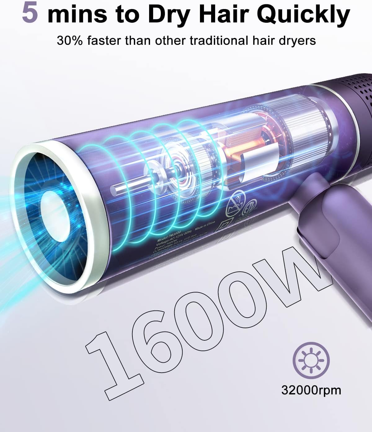 7MAGIC Foldable Hair Dryer, Powerful Ionic Blow Dryer for Fast Drying, Travel Hair Blow Dryer with Storage Bag, Lightweight Portable Hairdryer for Women, Cold/2 Heating/2 Speed Settings, Purple