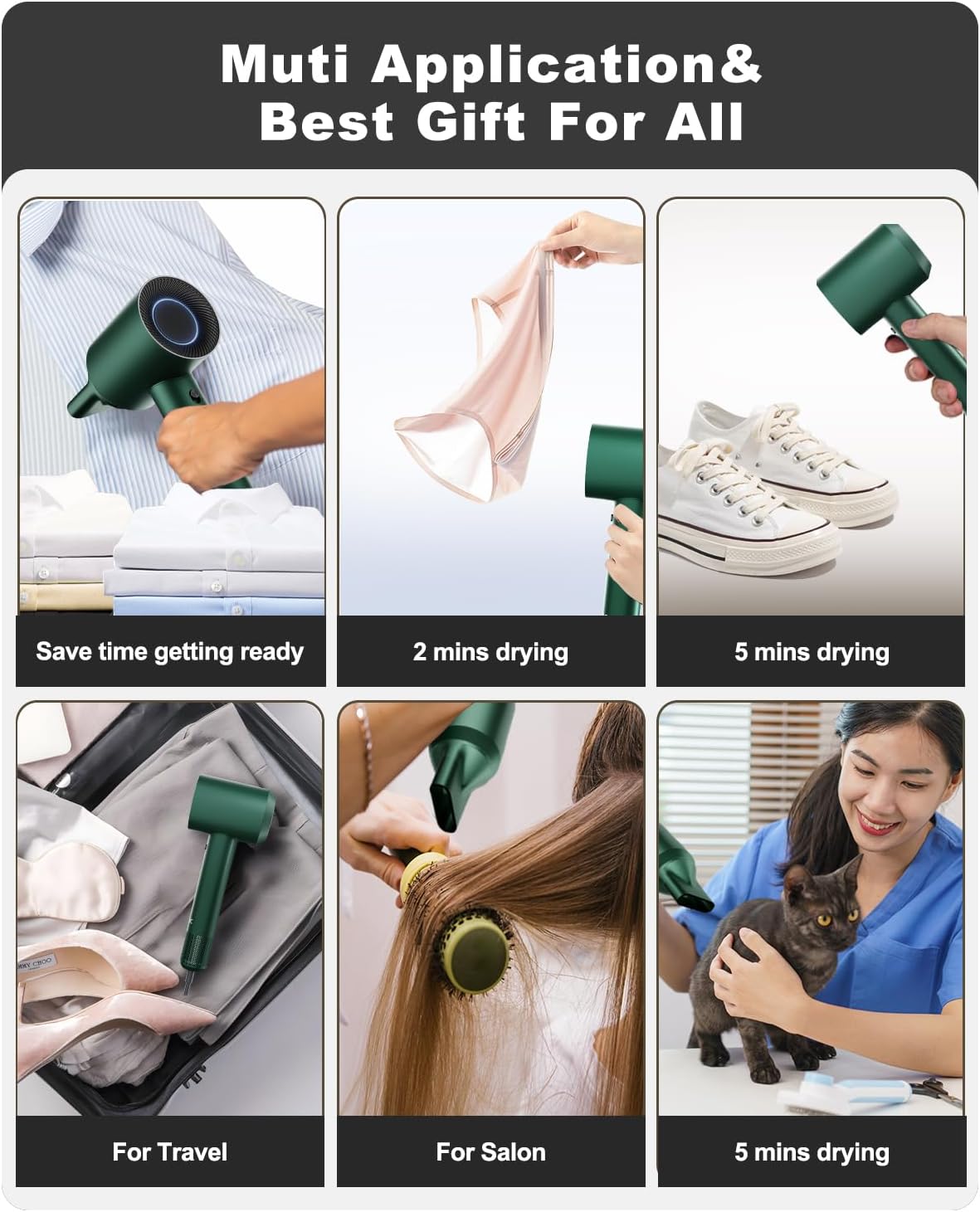 7MAGIC High-Speed Hair Dryer with 110,000RPM Brushless Motor for Fast Drying, Low Noise Blow Dryer with Tri-Colour LED Light Ring, 1400W Ionic Hair Dryer for Home and Travel, Magnetic Nozzle, Green