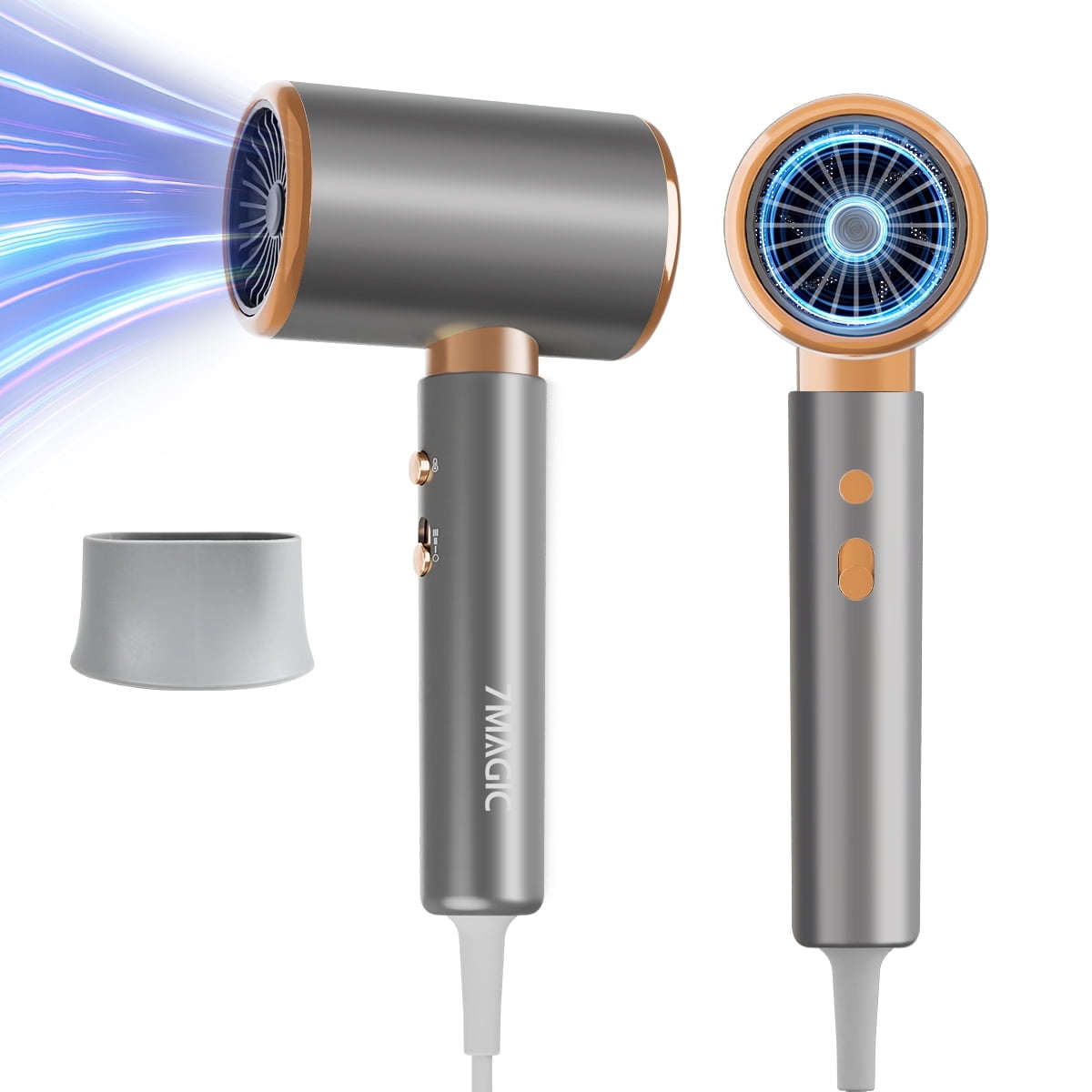 Hair Dryers, Blow Dryer with Nozzle Attachments, 7MGAIC Travel Hair Dryer for Women, 2000W High-Power Dryer for Fast Drying, Gray