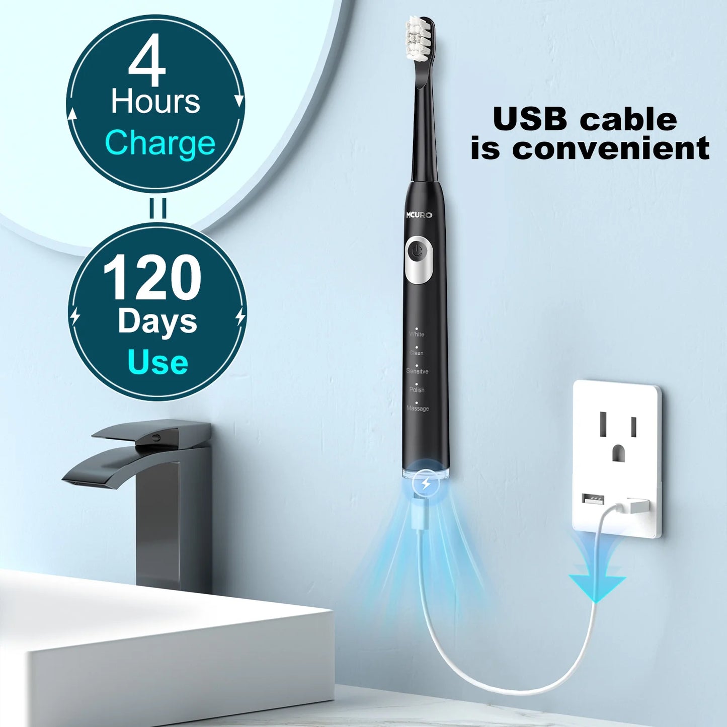 7MAGIC Electric Toothbrush, Sonic Electric Toothbrush for Adults, with 6 Brush Heads, 5 Modes, One Charge for 120 Days, Black
