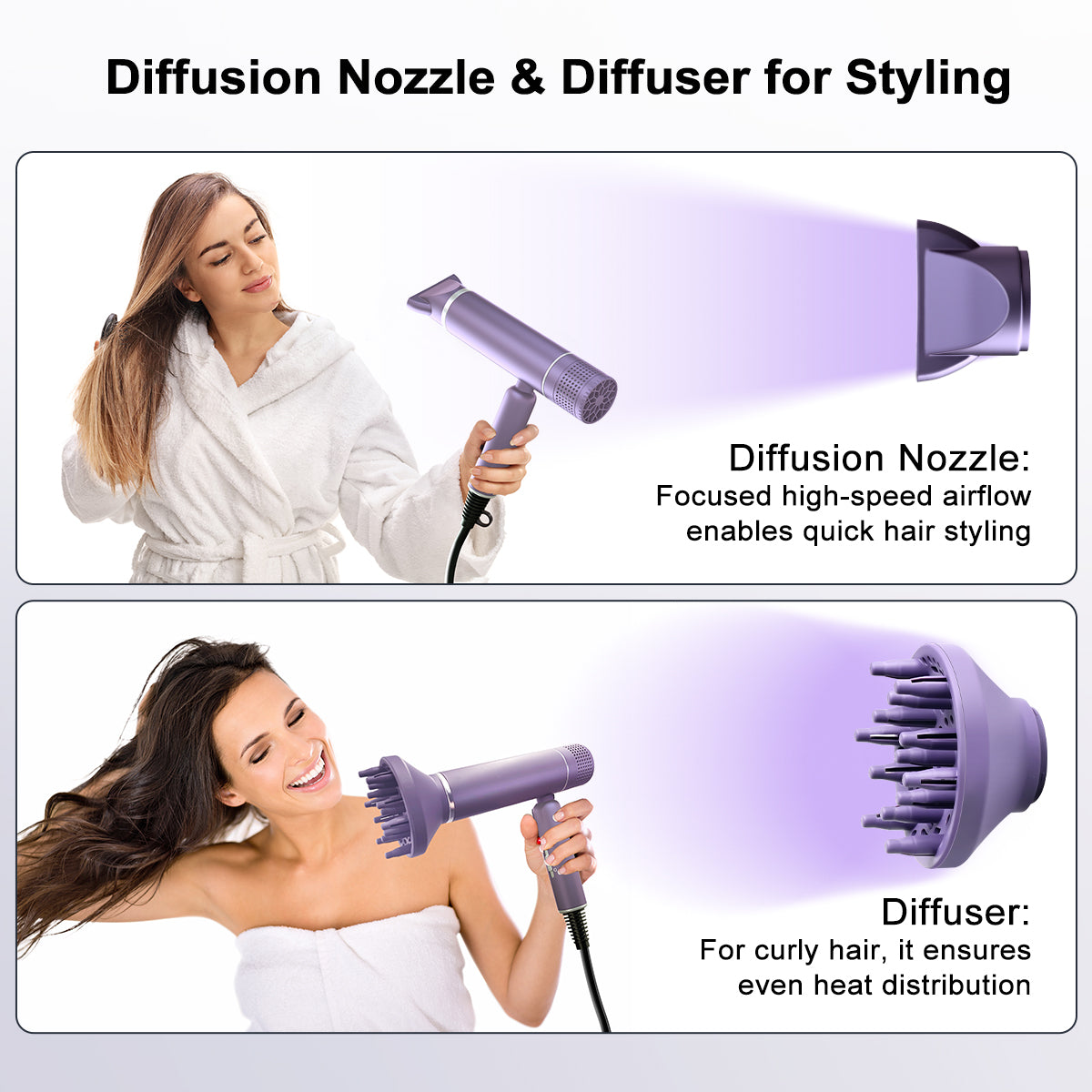 Hair Dryer, Blow Dryer with Diffuser for Curly Hair, Powerful 1600W Motor for Fast Drying, Hair Dryers for Women with Nozzle, Folding Handle and Storage Bag,Purple