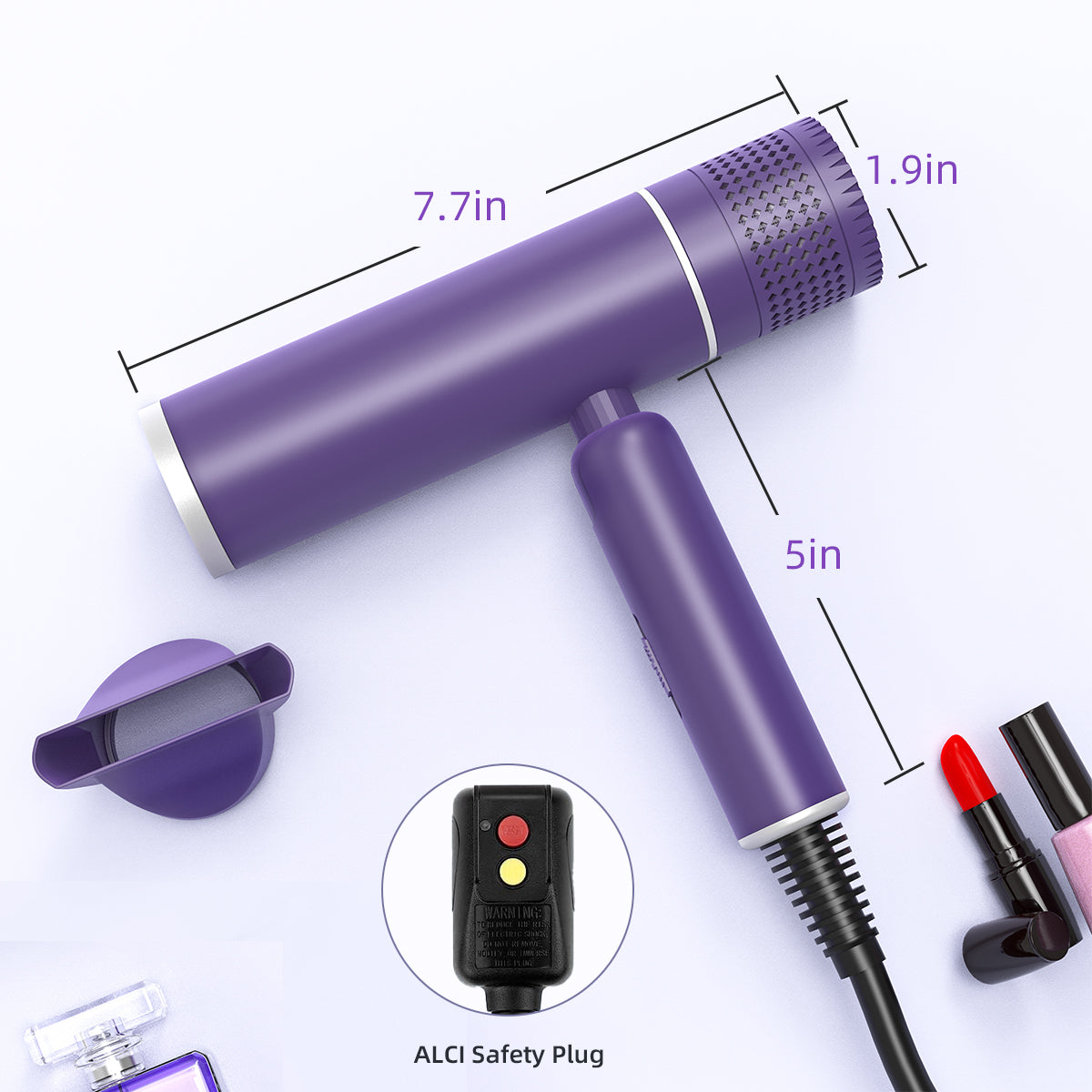 Hair Dryer, Blow Dryer with Diffuser for Curly Hair, Powerful 1600W Motor for Fast Drying, Hair Dryers for Women with Nozzle, Folding Handle and Storage Bag,Purple